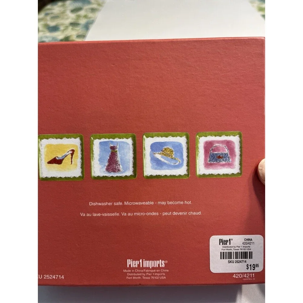 Pier 1 Square Appetizer 6” Plates Featuring Hats, Dress, Shoes & Purse 8pcs